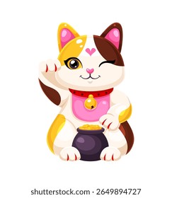 Japanese Maneki Neko lucky cat cartoon character of fortune and money, vector symbol. Japanese Maneki Neko cat or kitty kitten with waving paw, smile and gold coins pot for Japanese luck symbol