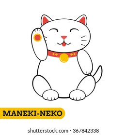 Japanese maneki neko (lucky cat) icon in minimalistic style with black outlines, white and red