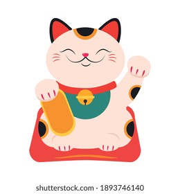 Japanese Maneki Neko, Japanese Symbol of Good Luck and Wealth, Traditional White Lucky Cat Doll Cartoon Style Vector Illustration