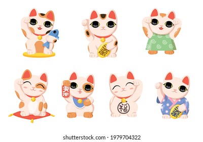 Japanese Maneki neko vector illustrations set. Funny traditional cat toy bringing fortune, luck, money isolated on white background. Asia, culture concept