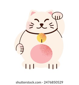 Japanese maneki-neko cat. Asian figurine with coin for luck in business, money and fortune. Chinese kitty toy with raised beckoning right paw. Flat vector illustration isolated on background