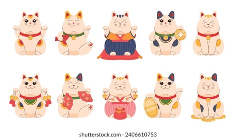 Japanese maneki-neko cats. Ceramic or porcelain figurine of a lucky cat. A symbol of luck, happiness, wealth. Vector illustration
