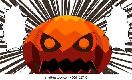 Japanese manga anime style cartoon illustration of scary, spooky pumpkin head, staring eyes and angry face. Starburst background decoration and speech bubble. Happy Halloween holiday celebration party