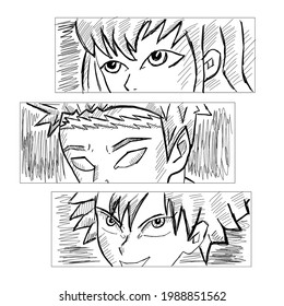 Japanese manga boy face. Vector design for t-shirt graphics, banner, fashion prints, slogan tees, stickers, flyer, posters and other creative uses. Anime poster. Hand drawn trendy Vector illustration.