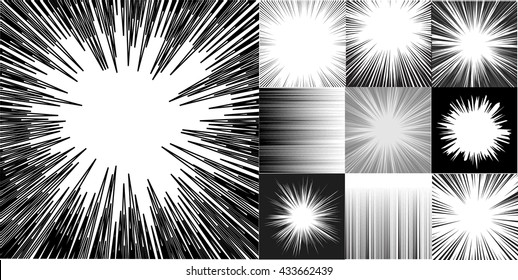 Japanese manga comic book speed horizontal lines background set of ten editable images with radial and horizontal beams. Version part #2