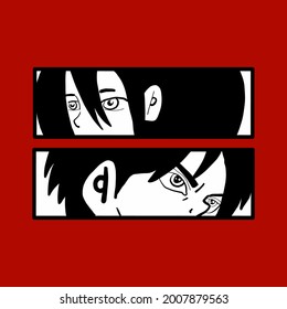 Japanese manga face T-shirt japan vector print. Anime poster. Manga face japanese or korean retro character style. Vector illustration EPS10