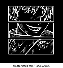 Japanese manga face T-shirt japan vector print. Anime poster. Manga face japanese or korean retro character style.