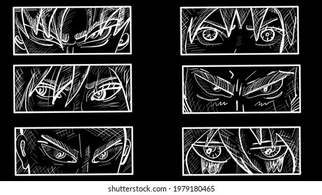 Japanese manga faces. Anime characters. Pre-made prints. Every illustration is isolated. Hand drawn trendy Vector illustration.