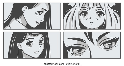 Manga japonesa. Rostros de anime girl. Ilustraciones vectoriales en blanco y negro.