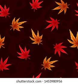 Japanese maple leaves autumn hand draw watercolor imitation seamless pattern. Falls red and oranges leaf repeater background for gift wrap, textile, cover or wallpaper