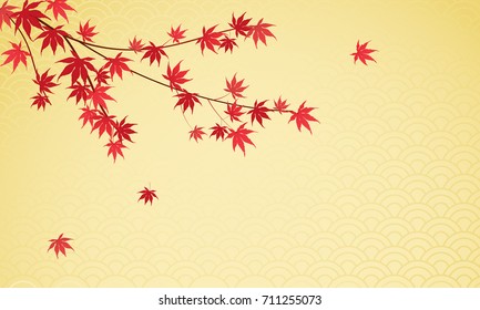 Japanese maple leaves background vector illustration. Beautiful red maple leaves on gold Japanese pattern background with copy space. 