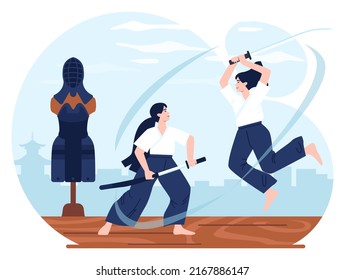 Japanese martial art. Fighter in traditional clothes performing fighting technique with a sword. Kenjutsu fighting tournament. Flat vector illustration