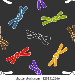Japanese martial art seamless pattern with color sport budo belts on black background. Colorful graphic texture for textile print