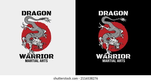 Japanese martial arts club vintage print with inscriptions and fantasy dragon isolated vector illustration