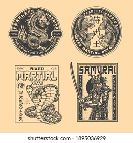 Japanese martial arts fight club labels in vintage monochrome style with inscriptions samurai warrior fantasy dragon snake koi carps isolated vector illustration. Japan translation - Samurai, Warrior