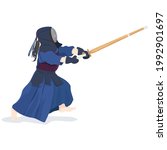Japanese martial arts, Kendo sport tournament. woman in traditional kendo equipment holding shinai jumping toward.