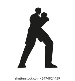 Japanese martial arts scene. Vector black silhouette of a Thai boxing master in a dynamic fighting stance, isolated for a sports theme. Isolated background.