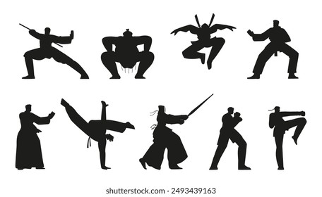 Conjunto de artes marciales japonesas. Un conjunto de plantillas de silueta negra que muestran las posturas de los artistas marciales. Ideal para gráficos de temática deportiva sobre un fondo aislado.