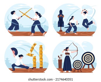Japanese martial arts set. Fighters in traditional clothes performing different fighting technique with a sword or stick. Tessenjutsu and Kyudo fighting technique. Flat vector illustration