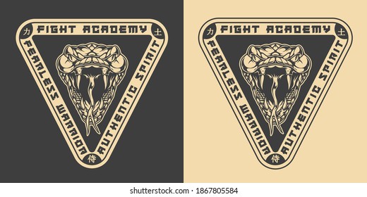 Japanese martial arts triangular label with inscriptions and poisonous snake head in vintage monochrome style isolated vector illustration