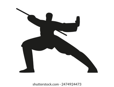 Japanese martial arts. Vector illustration with a black silhouette of a man in a bojutsu fighting pose. Detailed character stencil on isolated background.