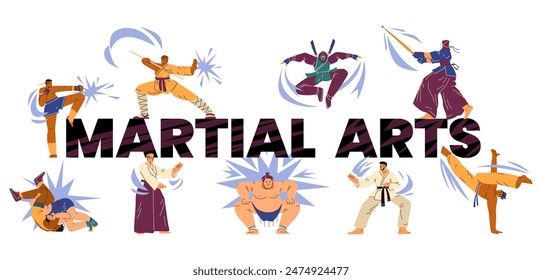 Japanese martial arts vector set. Illustrations of experienced fighters in fighting stances. Ideal for sports themes. Collection of isolated characters in a banner with a test.