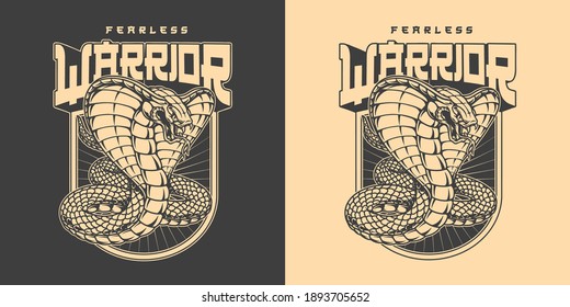 Japanese martial arts vintage badge in monochrome style with inscription and poisonous snake isolated vector illustration