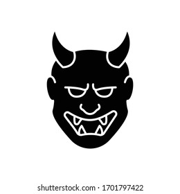 Japanese mask black glyph icon. Hannya face. Evil mythological creature from japan folklore. Noh theater attribute. Asian souvenir. Silhouette symbol on white space. Vector isolated illustration