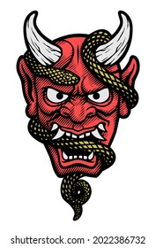 Japanese mask of a demon with a snake.