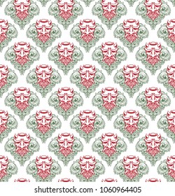 Japanese mask evil and floral flower combination line art repeated diagonal pattern and seamless soft blue red color