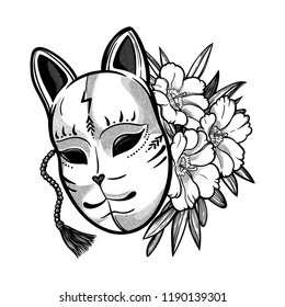 Japanese mask fox with flowers. Isolated vector art. Print on poster, card, sticker, T-shirt.