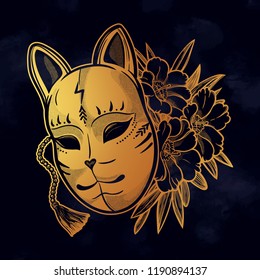 Japanese mask fox with flowers. Isolated vector art. Print on poster, card, sticker, T-shirt.