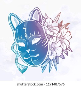 Japanese mask fox with flowers. Isolated vector art. Print on poster, card, sticker, T-shirt.