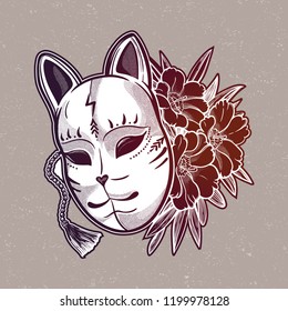 Japanese mask fox with flowers. Isolated vector art. Print on poster, card, sticker, T-shirt.