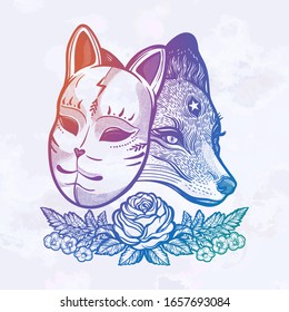 Japanese mask fox with real fox. Dreamy magic art. Night, nature, wicca symbol. Isolated vector art. Print on poster, card, sticker, T-shirt.