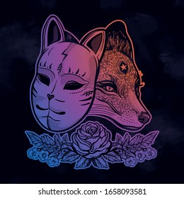 Japanese mask fox with real fox. Dreamy magic art. Night, nature, wicca symbol. Isolated vector art. Print on poster, card, sticker, T-shirt.