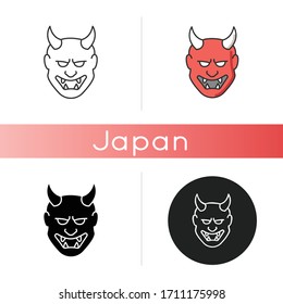 Japanese mask icon. Hannya face. Evil mythological creature from japan folklore. Noh theater attribute. Asian souvenir. Linear black and RGB color styles. Isolated vector illustrations