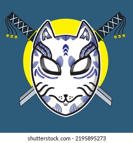 Japanese Mask Katana Illustration Design, Cat Mask Japan Illustration