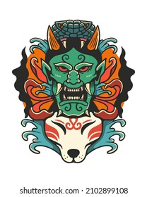 Japanese mask and kitsune mask hand drawn illustration