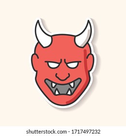 Japanese mask patch. Hannya face for drama perfomance. Evil mythological creature from japan folklore. Noh theater attribute. Asian souvenir. RGB color printable sticker. Vector isolated illustration