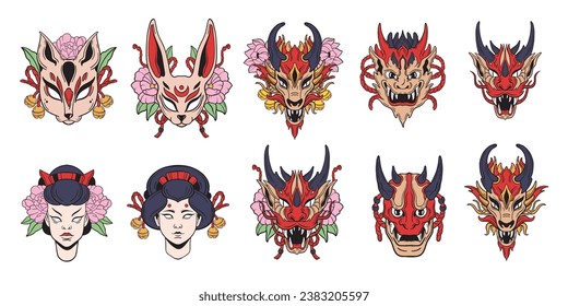 Japanese mask set, oriental okame icon, oni Japan dragon character face, vector anime fox design. Kabuki theater woman, asian doodle tattoo monster, cute Kitsune, ritual demon head. Japanese mask 