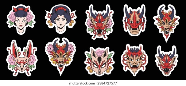 Japanese mask set oriental okame icon, oni vector Japan dragon character face, anime fox design. Kabuki theater woman, asian doodle tattoo monster, cute Kitsune, ritual demon head. Japanese mask 