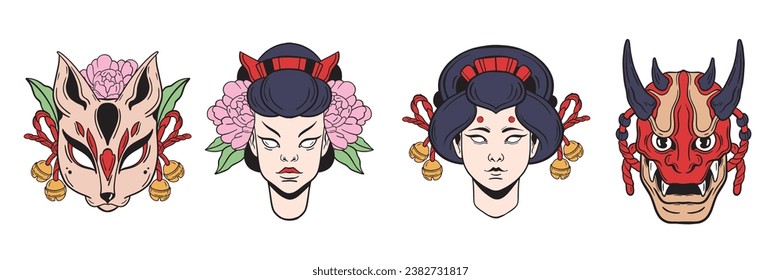 Japanese mask set, vector oriental okame icon, oni Japan character face, anime fox cartoon design. Kabuki theater woman, asian doodle tattoo monster, cute Kitsune, ritual demon head. Japanese mask 