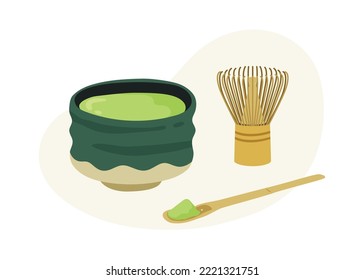 Japanische Matcha-Schüssel mit Holzlöffel, Holzwhisk und Matcha-Pulver. Traditionelles japanisches grünes Teegetränk. Teezeremonie Kultur. Flache Vektorgrafik.