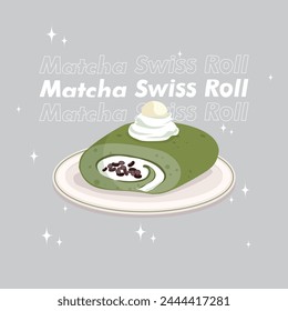 Japanese Matcha cake roll with red beans, cream and mochi. Matcha Dessert Vector Illustration.