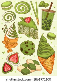 Japanese matcha dessert recipes illustration vector. (Matcha ice cream, Matcha strawberry mochi, Matcha green tea mille crepe cake)