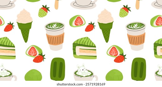 Japanese Matcha Food. Seamless pattern with Matcha Cheesecake and Matcha Tea. Vegan japanese green tea pastries and drink. Repeated Vector background, wrapping paper. Baked tart with green tea flavor.