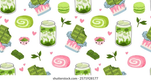 Japanese Matcha Food. Seamless pattern with Matcha Cheesecake and Matcha Tea. Vegan japanese green tea pastries and drink. Repeated Vector background, wrapping paper. Baked tart with green tea flavor.