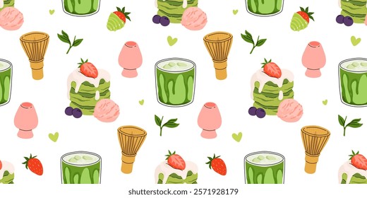 Japanese Matcha Food. Seamless pattern with Matcha Cheesecake and Matcha Tea. Vegan japanese green tea pastries and drink. Repeated Vector background, wrapping paper. Baked tart with green tea flavor.