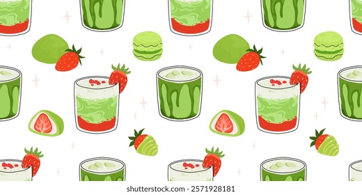 Japanese Matcha Food. Seamless pattern with Matcha Cheesecake and Matcha Tea. Vegan japanese green tea pastries and drink. Repeated Vector background, wrapping paper. Baked tart with green tea flavor.